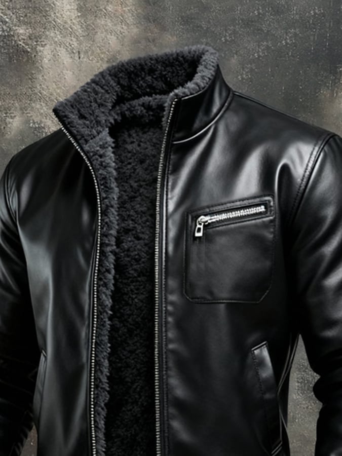 Kamil | Warm black leather jacket with sherpa lining