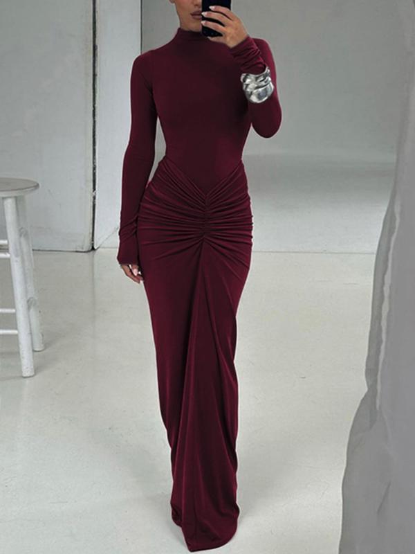Classy Ruched Long Sleeve Mock Bodycon Maxi Dress