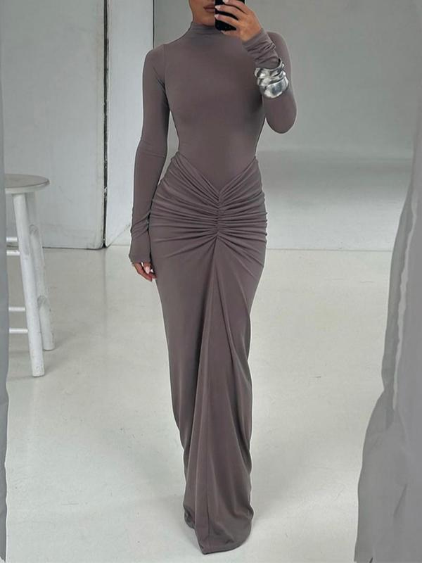 Classy Ruched Long Sleeve Mock Bodycon Maxi Dress