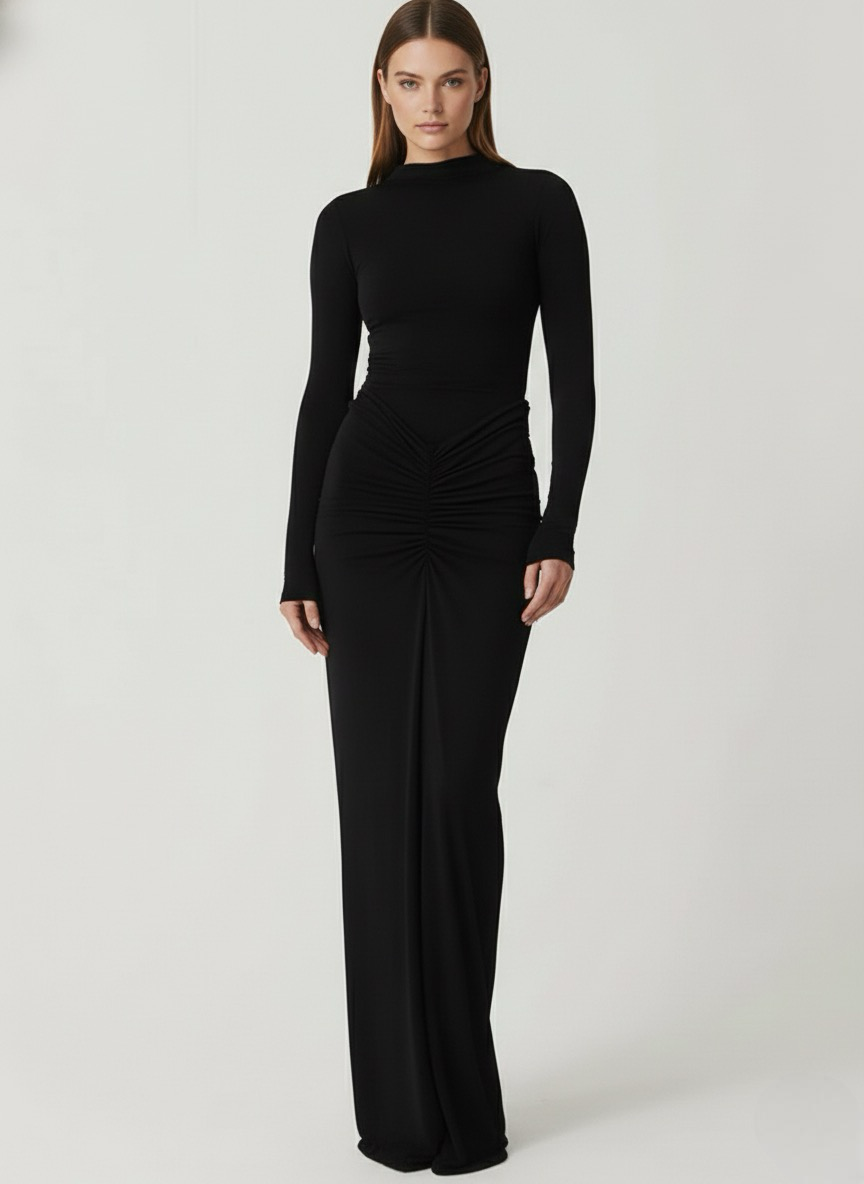 Classy Ruched Long Sleeve Mock Bodycon Maxi Dress