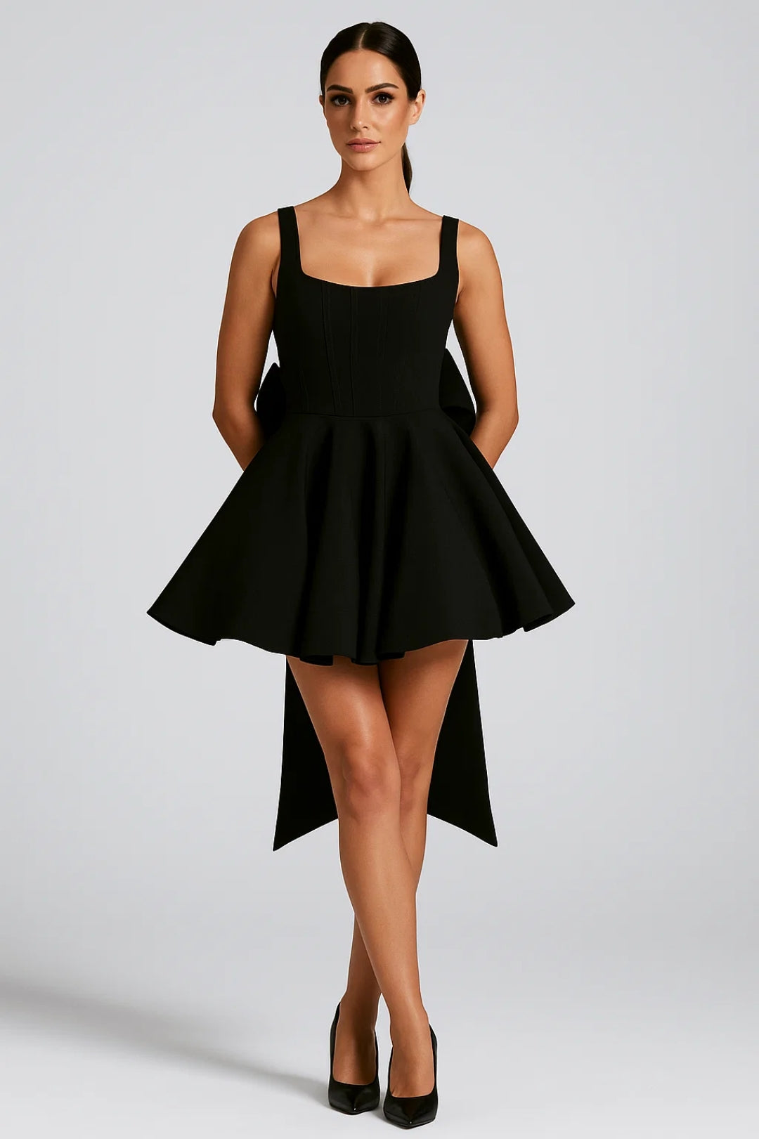 Eirlys | Square-Neck Mini Dress with Back Bow