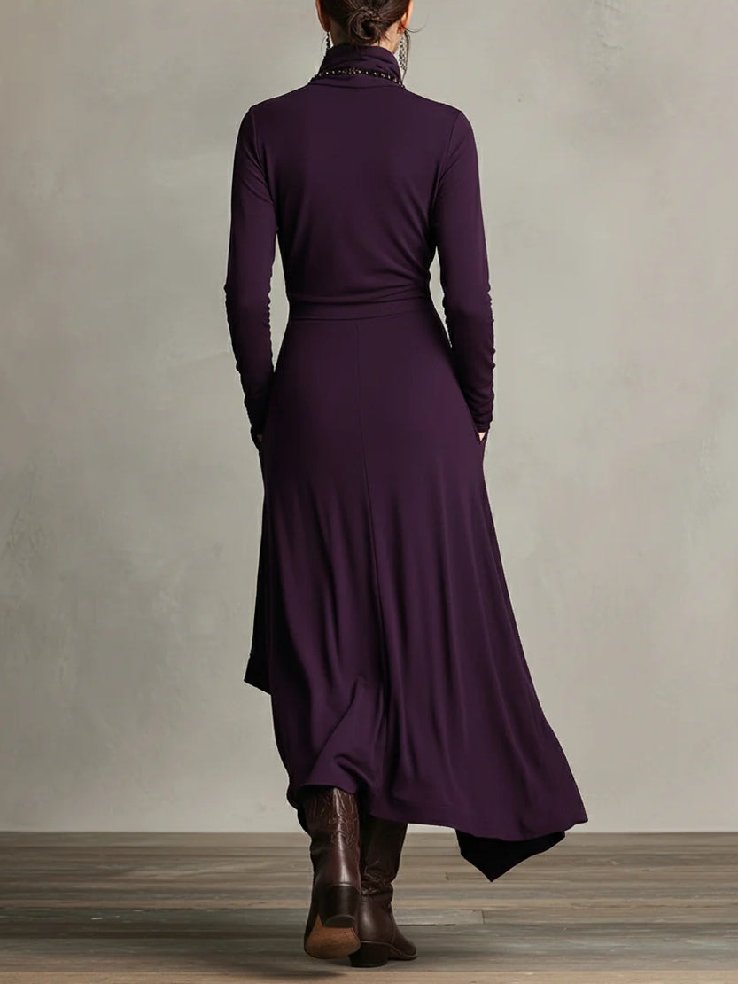 Purple High-neck Asymmetrical Pleated Maxi Dress(Necklace not included)