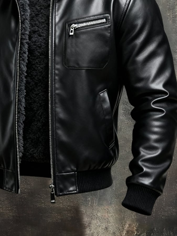 Kamil | Warm black leather jacket with sherpa lining