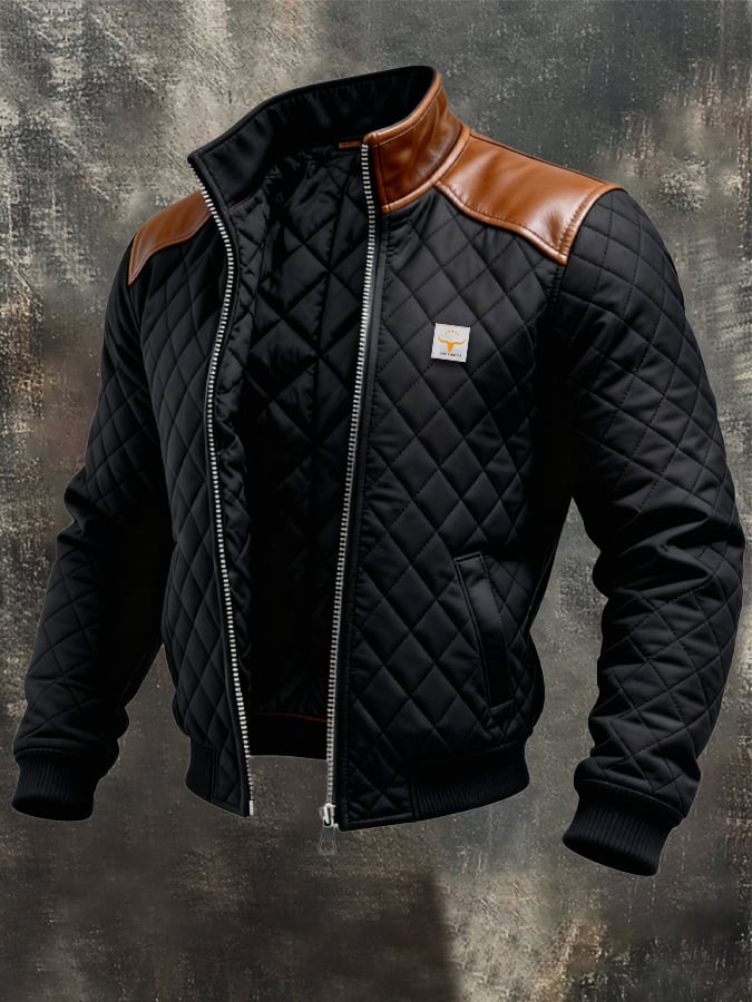 Adrian | Black matelassée jacket with leather shoulders