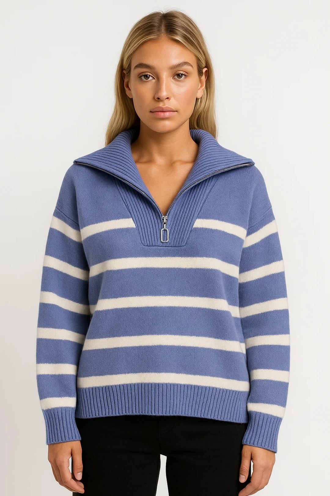Kairis | Zip-Collar Striped Knit Sweater