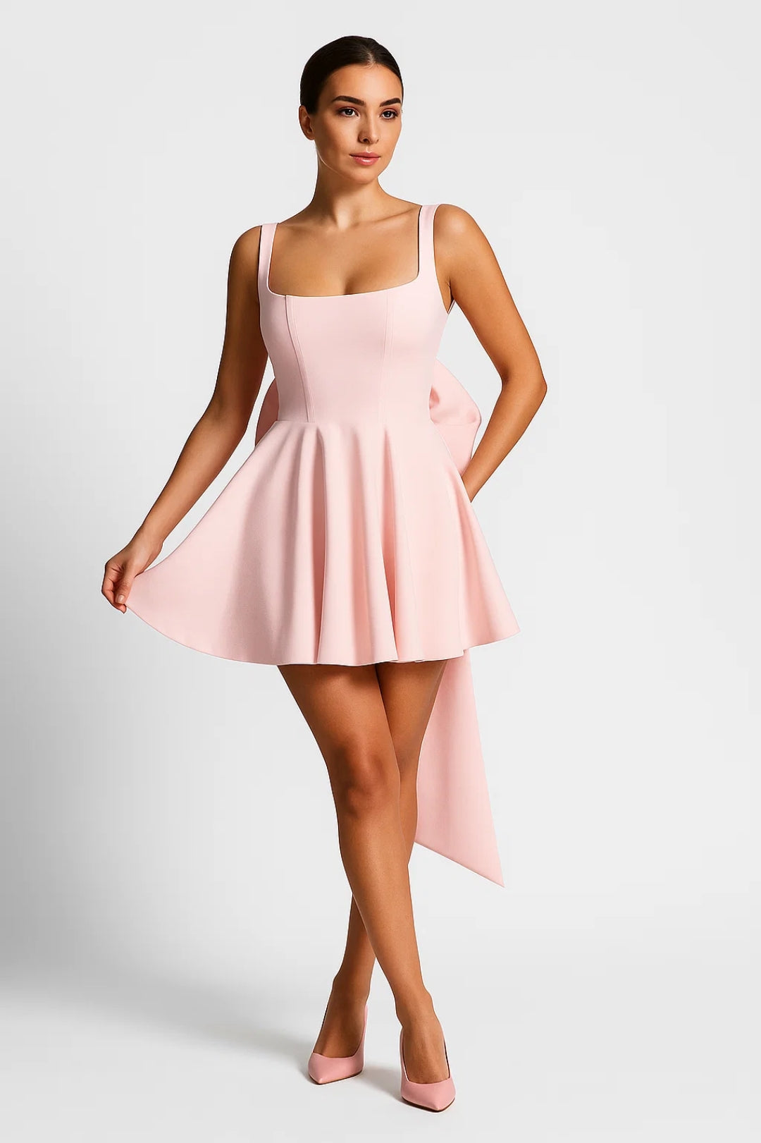 Eirlys | Square-Neck Mini Dress with Back Bow