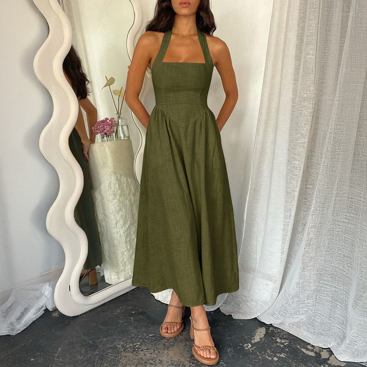 Vintage Sleeveless Halter Neck A Line Maxi Dress