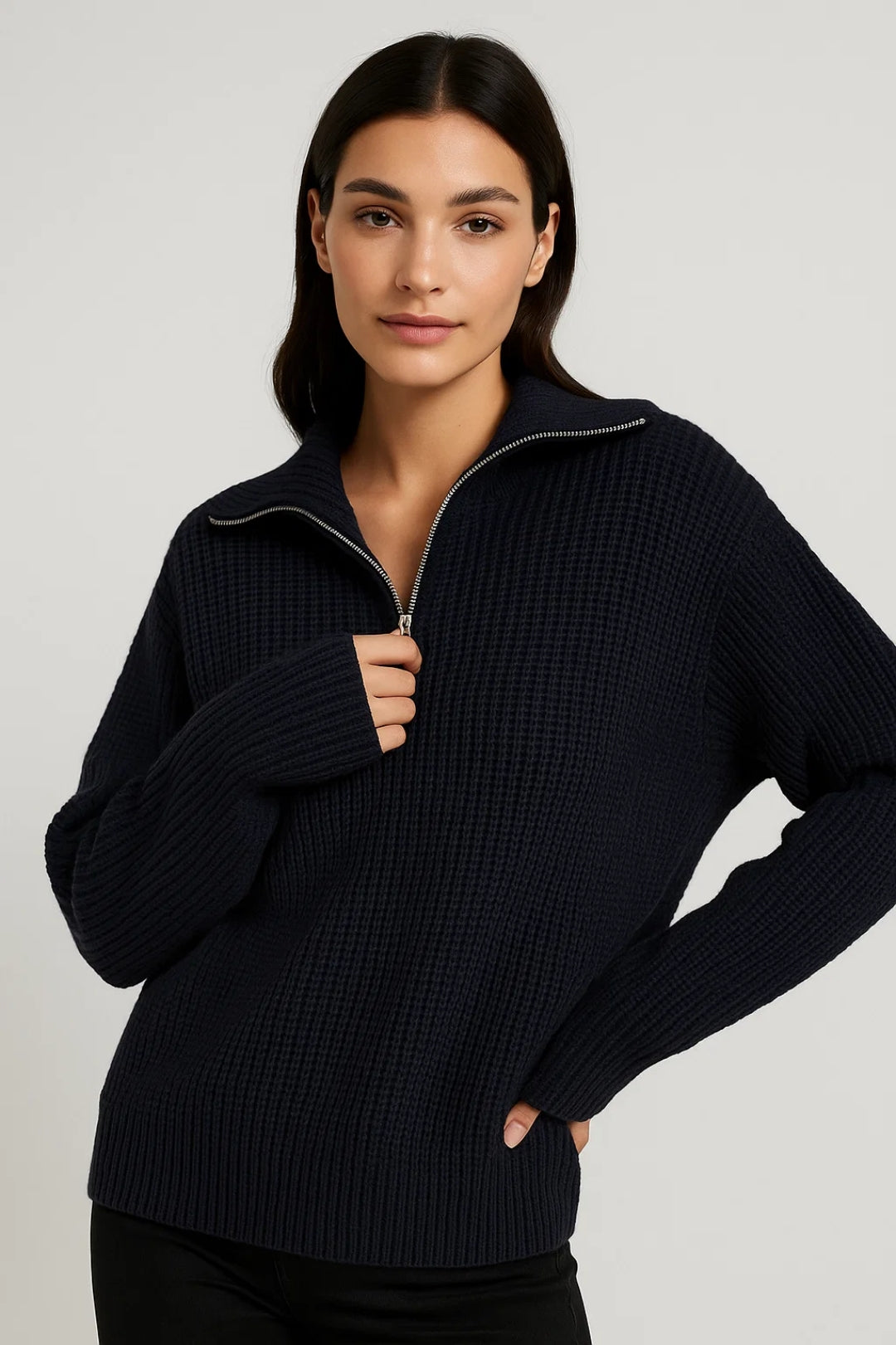 Ffion | Waffle-Knit Zip-Collar Sweater