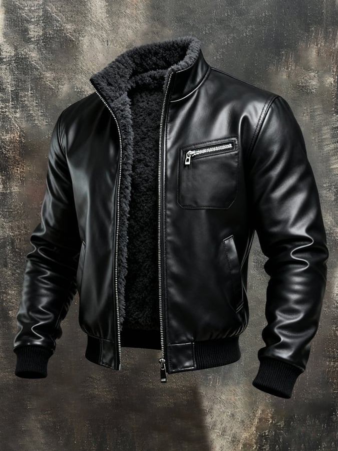 Kamil |  Warm black leather jacket with sherpa lining